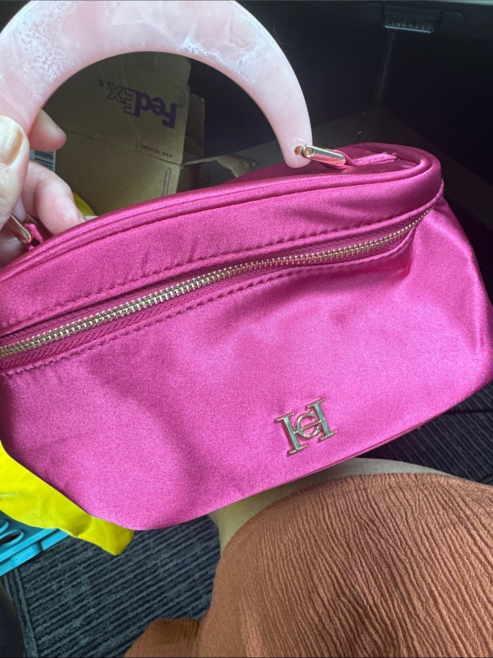 Carolina Herrera Black Floral Cosmetic Pouch with Pink Trim with bonus pink bag - Picture 4 of 5